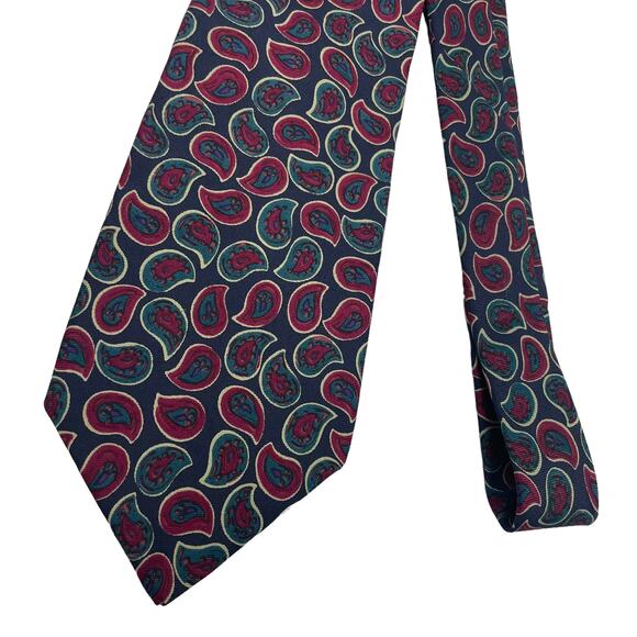 Vintage Tom James Silk Red Green Paisley Print Handmade Tie Mens One Size - Picture 3 of 7
